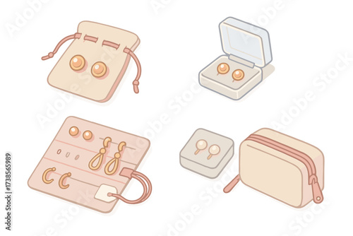 Earring Travel Solutions. Isometric vector illustration set Earring Storage and Travel: stud pair in mini pouch, plastic clasp