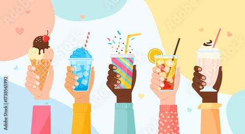Joyful Summer Refreshments Enjoyed by Diverse Hands Under a Sunny Sky