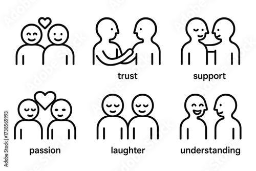 Soulmate Emotions Icons. Outline icon set of soulmate emotions: happiness, trust, support, empathy, passion, calm, laughter, understanding. Line icons in only