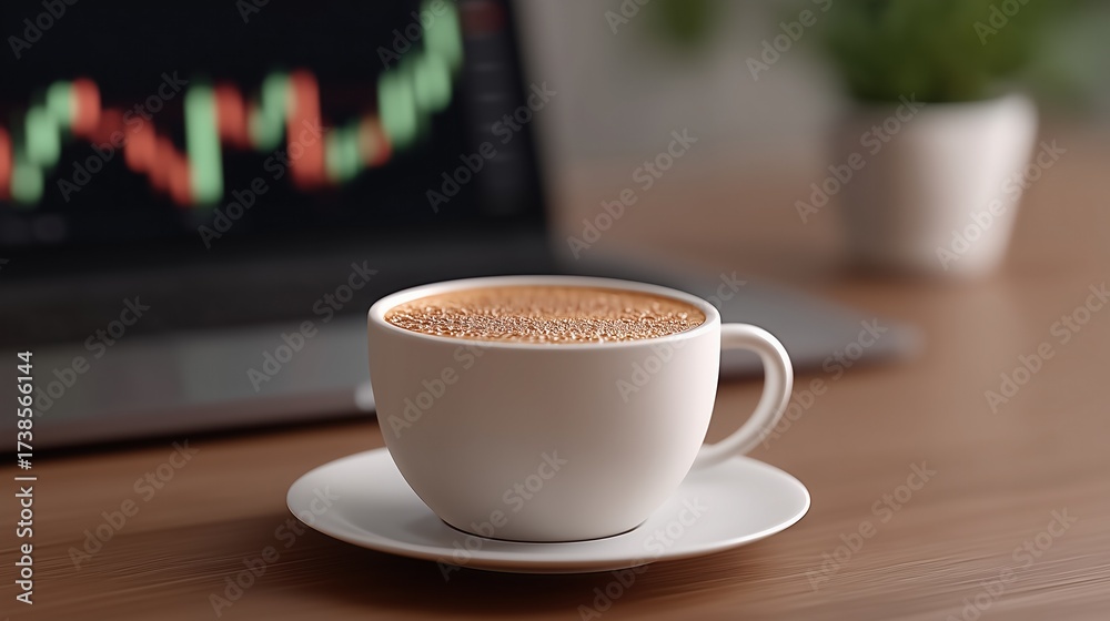 Obraz premium View of a trader's desk with a laptop showing a financial chart and coffee cup (remote work routine concept).