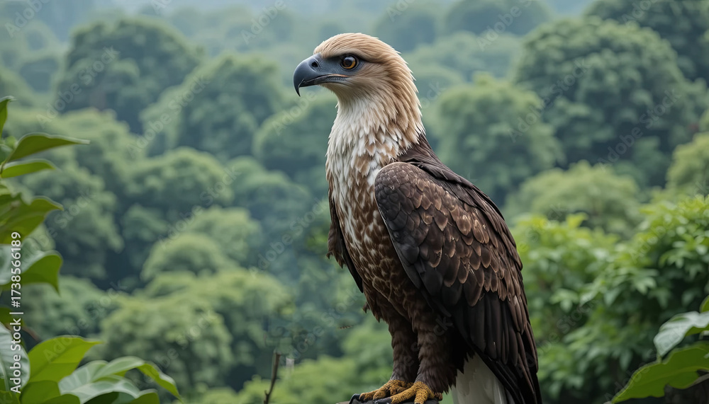 Fototapeta premium A powerful eagle stands on a branch, surveying the lush green forest below. Its sharp gaze reflects a calm yet vigilant presence in nature