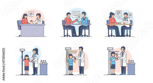 Doctors and patients engaged in various health checkup and consultation activities illustrating medical care and wellness examination procedures