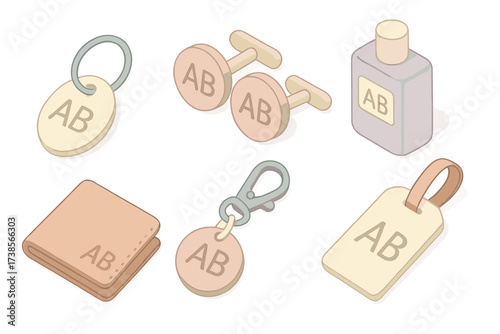 Personalized Accessory Icons. Isometric vector illustration set Initials on Personal Accessories: engraved keychain tag, cufflink