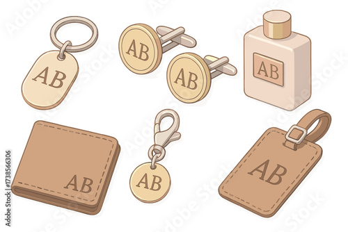 Personalized Accessory Icons. Isometric vector illustration set Initials on Personal Accessories: engraved keychain tag, cufflink