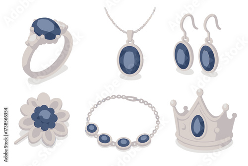 Sapphire Jewelry Collection. Isometric vector illustration set Sapphire Jewelry Settings: sapphire ring with side diamonds,