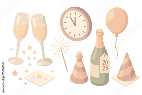 New Year Celebration Icons. Isometric vector illustration set Ceramic Mug Craft Scene: pottery wheel shaping mug, handle being
