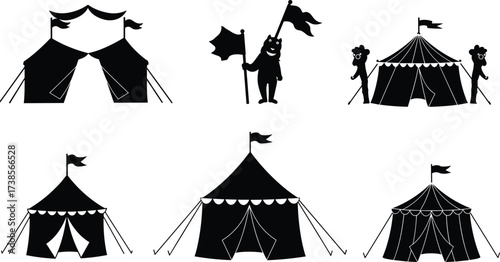 Vintage circus tent vector, carnival bear illustration, retro fairground artwork, black white festival design, clown circus elements