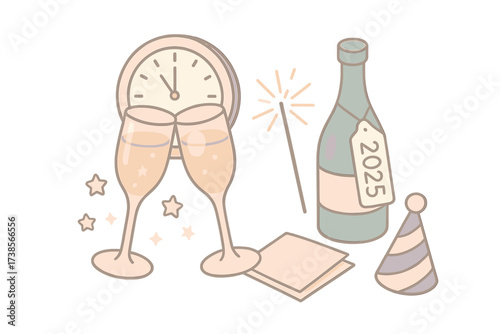 New Year Celebration Icons. Isometric vector illustration set Evening Pour and Relaxation Mood: decanter beside glowing candle,