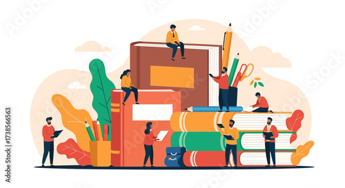 Illustrating the Joyful Experience of Reading and Learning Amongst Stacks of Books and Artistic Elements