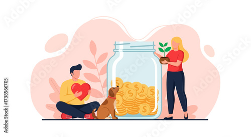 People contributing to a jar filled with coins and a plant symbolizing growth and support for a good cause