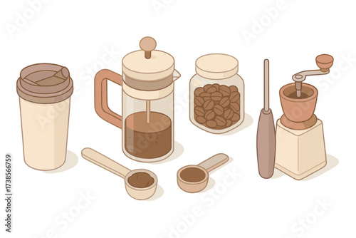 Coffee Lover's Essentials. Isometric vector illustration set Indoor Hobbies: knitting basket with yarn, puzzle in progress, chess