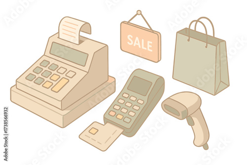POS System Icons. Isometric vector illustration set Retail Experience: full shopping cart with packaging, customer basket with