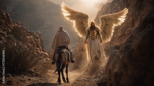 Balaam confronted by the angel on the desert path. Symbol of God’s warning, divine guidance, and obedience to His will (Numbers 22:21–35).