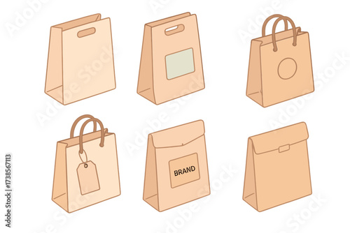 Pastel E-commerce Packaging. Isometric vector illustration set E-commerce Packaging: flat-pack shopping bag with handle cutout,