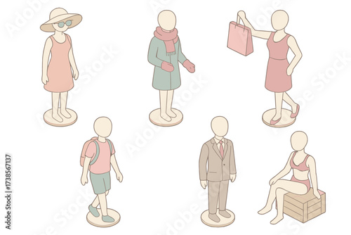 Seasonal Store Mannequins. Isometric vector illustration set Seasonal Store Mannequins: summer mannequin with sunglasses and hat,