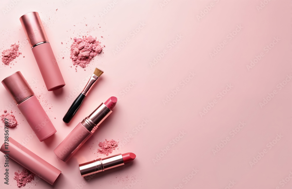 Obraz premium Pink cosmetics flat lay composition. Lipsticks brush and powder are scattered on pink background. Beauty branding and beauty blogging concept. Elegant style. Cosmetic sale banner or template.