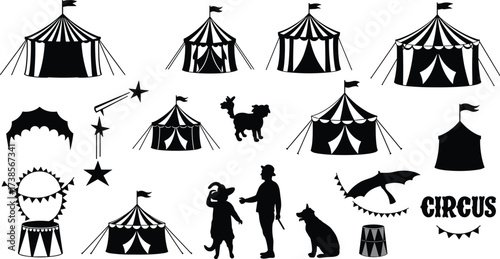 Circus tent vector, carnival animals silhouettes, retro fairground icons, vintage circus elements, festival performance design, black white artwork