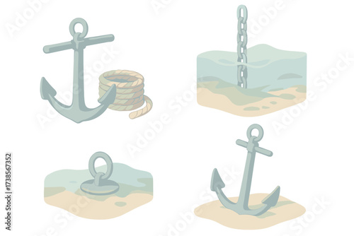 Marine Rigging Components. Isometric vector illustration set Marine Rigging Components: traditional admiralty anchor, heavy rope