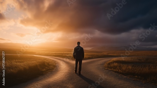 Man standing at a crossroads in golden sunset light, symbolizing choice between two paths, faith journey, and the narrow way of life (Matthew 7:13–14).