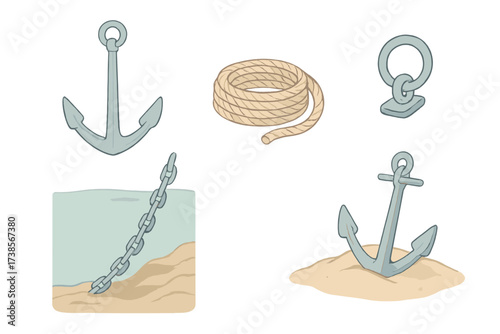 Marine Rigging Components. Isometric vector illustration set Marine Rigging Components: traditional admiralty anchor, heavy rope