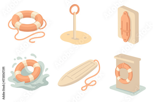 Coastal Rescue Tools. Isometric vector illustration set Coastal Rescue Tools: lifebuoy with floating rope, pole-mounted ring by