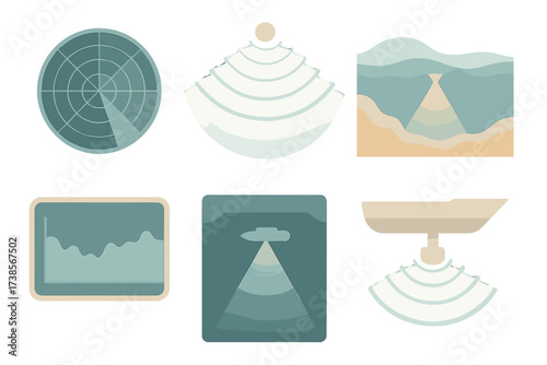 Advanced Sonar Scanning. Isometric vector illustration set Advanced Sonar Scanning: sonar radar-style view, ping spread with