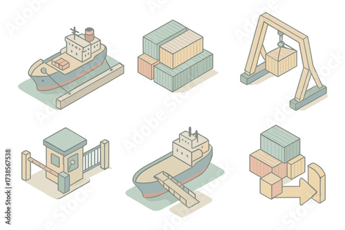 Maritime Trade Icons. Isometric vector illustration set Maritime Trade Icons: port with moored vessel, rows of multicolor