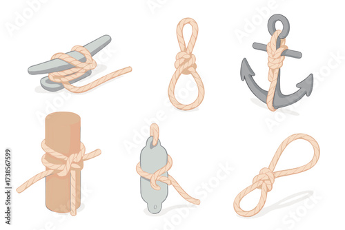 Boat Mooring Knots. Isometric vector illustration set Boat Mooring Knots: mooring rope with cleat hitch, dock line in bowline form