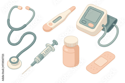 Pastel Medical Icons. Isometric vector illustration set of medical equipment: stethoscope, thermometer, blood pressure monitor,