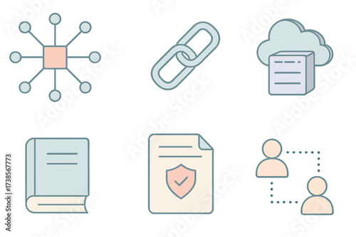 Blockchain Isometric Icons. Isometric vector illustration set of blockchain technology: decentralized nodes, chain links, cloud