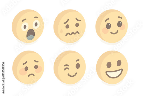 Simple Emoji Faces. Isometric vector illustration set of simple emoji faces: shocked screaming, fearful trembling, hopeful glance,