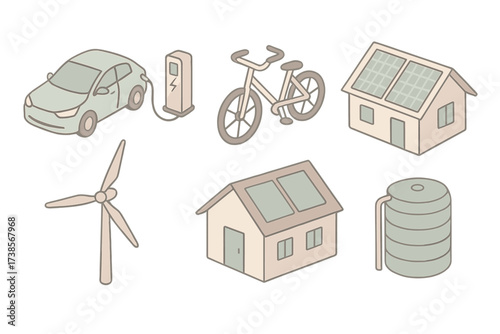 Sustainable Energy Icons. Isometric vector illustration set of sustainable energy lifestyle: electric car, bicycle, rooftop solar
