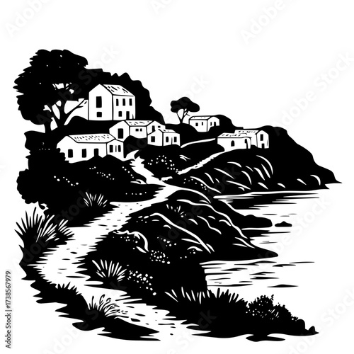 Vector coastal village silhouette houses landscape illustration