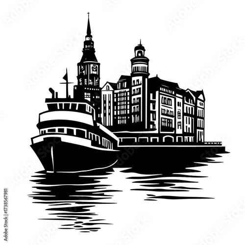 Vector ship with city silhouette harbor architecture illustration
