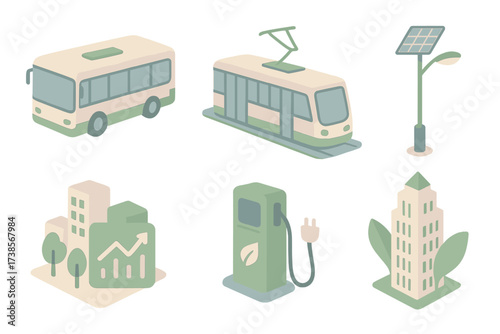 Sustainable Energy Cityscape. Isometric vector illustration set of sustainable energy urban design: electric bus, tram with