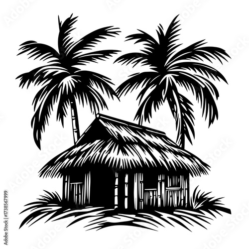 Vector tropical hut silhouette with palm trees island illustration