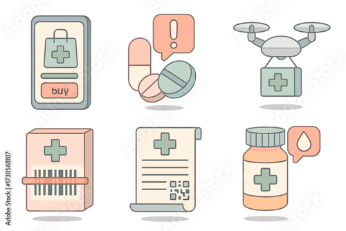 Pharmacy Digital Icons. Isometric vector illustration set of pharmacy digital icons: online pharmacy app, pill reminder alert,