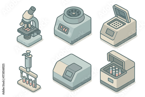 Laboratory Equipment Icons. Isometric vector illustration set of laboratory technology: microscope, centrifuge, PCR machine,