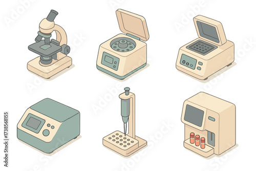 Laboratory Equipment Icons. Isometric vector illustration set of laboratory technology: microscope, centrifuge, PCR machine,
