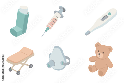 Pediatric Emergency Essentials. Isometric vector illustration set of pediatric emergency: inhaler, syringe with vaccine,