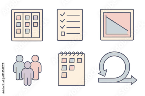 Agile Scrum Essentials. Isometric vector illustration set of Agile Scrum essentials: Scrum board with sticky notes, sprint backlog