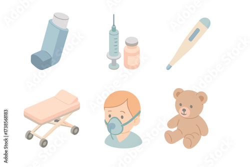 Pediatric Emergency Essentials. Isometric vector illustration set of pediatric emergency: inhaler, syringe with vaccine,