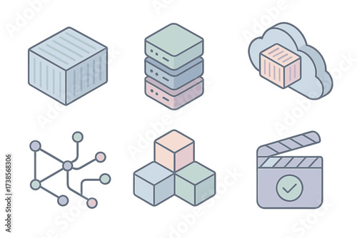 Soft Pastel Containers. Isometric vector illustration set of containerization: docker container box, cluster nodes, microservices