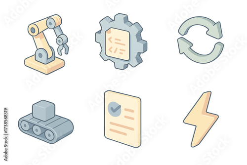 Automation Tools Icons. Isometric vector illustration set of automation tools: robot arm, script gear, repeat arrows, conveyor