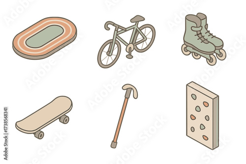 Minimalist Outdoor Fitness Icons. Isometric vector illustration set of minimalist outdoor fitness icons: running track, bicycle,