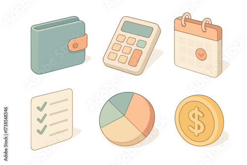 Pastel Finance Icons. Isometric vector illustration set of finance icons for budgeting: wallet, calculator, calendar with due date