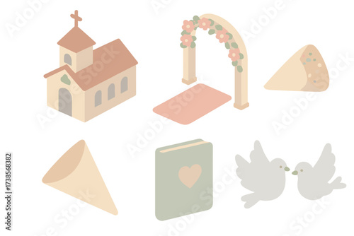 Wedding Icons Set. Isometric vector illustration set of ceremony icons: church building, wedding arch with flowers, aisle carpet,