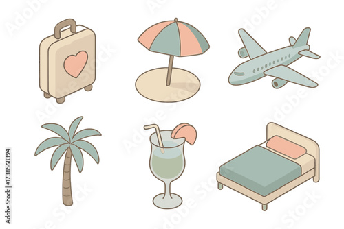 Honeymoon Travel Icons. Isometric vector illustration set of ceremony icons: church building, wedding arch with flowers, aisle