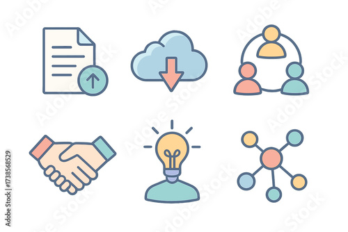 Pastel Collaboration Icons. Isometric vector illustration set of remote collaboration icons: shared document, cloud storage,