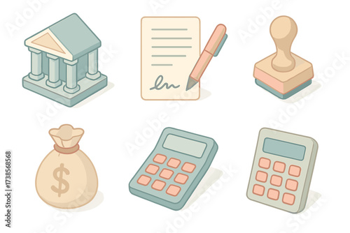 Bank Loan Icons. Isometric vector illustration set of bank loan icons: bank building, contract paper, signature pen, loan approval